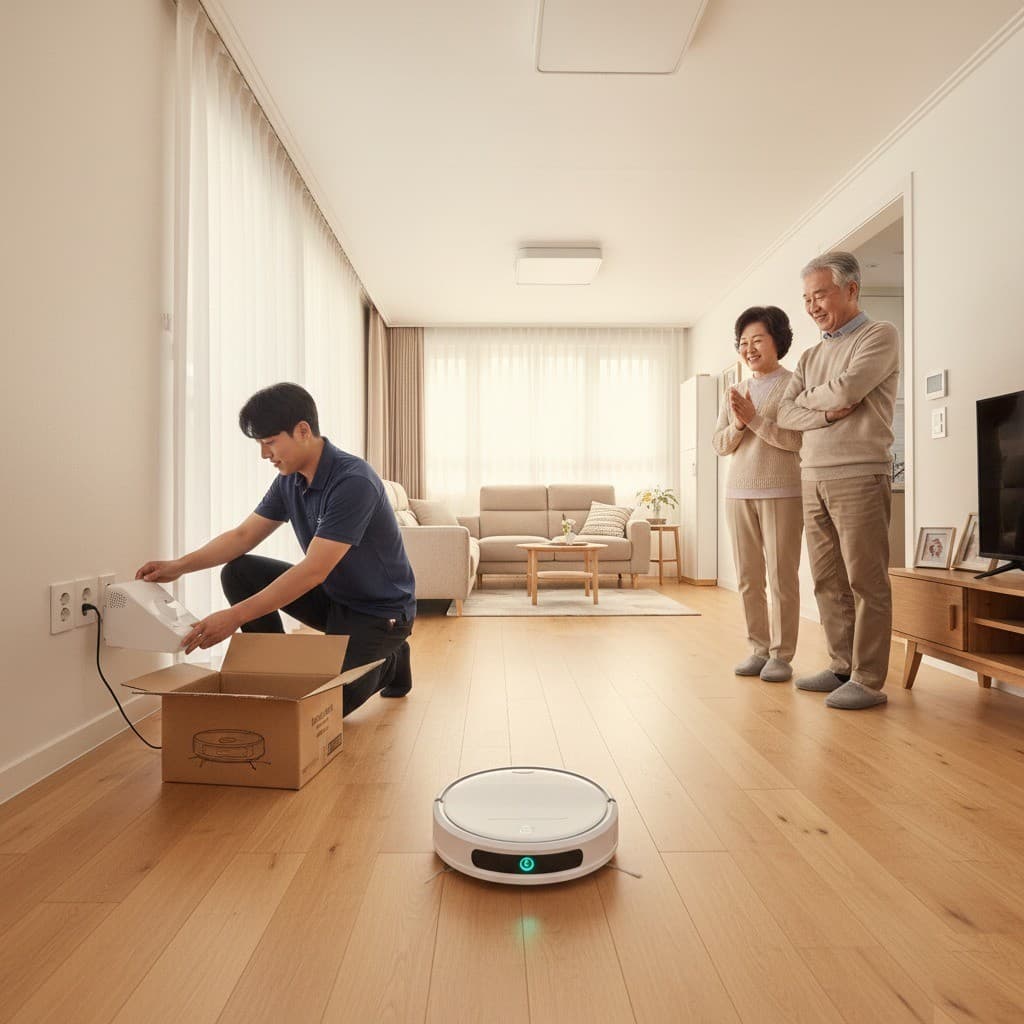 한국 아파트 거실에서 기사가 벽쪽에 로봇청소기 충전 도크를 설치하고 있고, 부모님 부부가 뒤에서 흐뭇하게 지켜보는 모습. 로봇청소기는 이미 바닥을 돌아다니고 있다