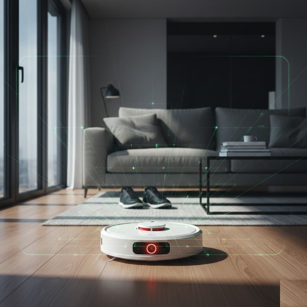 어두운 거실에서 로봇청소기의 카메라 렌즈가 붉게 빛나며 바닥을 스캔하는 모습. 녹색 그리드 라인이 가구와 신발을 감시하듯 훑고 있다