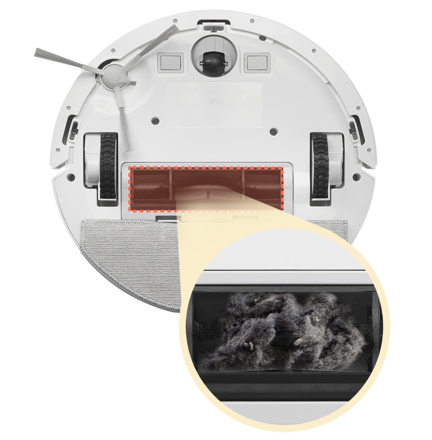 로봇청소기 하면의 메인 롤러에 머리카락이 엉켜 있는 모습 확대