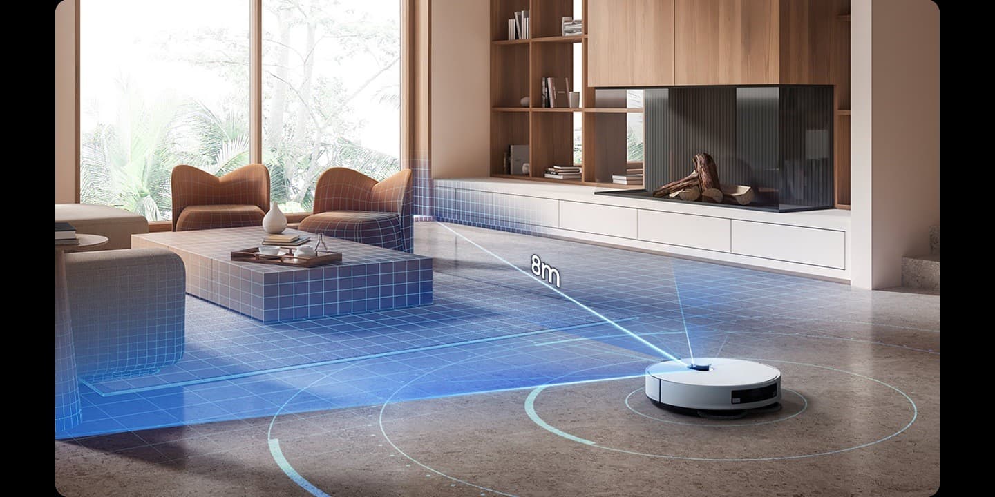 dToF LiDAR가 레이저로 방 전체를 3D 맵핑하는 모습. 반경 8m까지 가구와 벽을 인식한다.